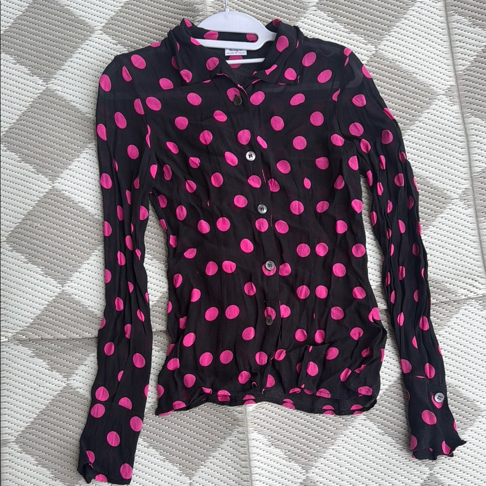 Polka Dot Button Down Shirt - Black and Pink